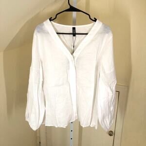 Stylewe NWT White Balloon Sleeve Linen Cotton Blend Blouse Size L